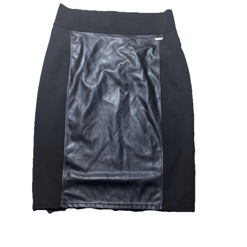 Calvin Klein Women's Large Black Faux Leather Panel Stretch‎ Pencil Skirt 28"